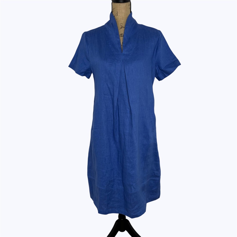 Lintico Cleo Midi Dress Royal Blue 100% Linen Shawl Collar Coastal NEW Sz M
